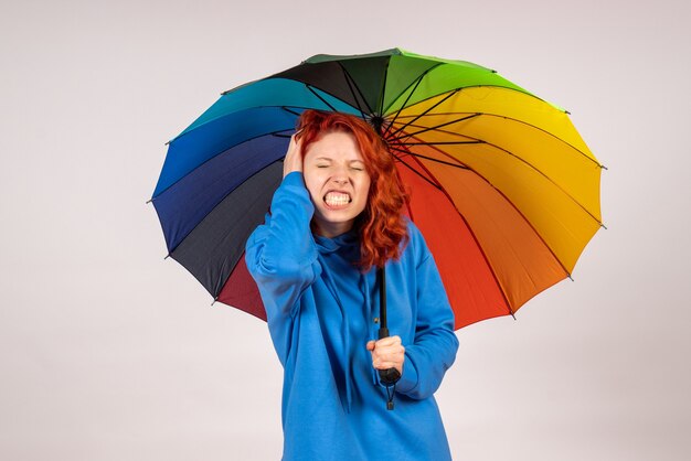 Photo gratuite vue de face de la jeune femme avec parapluie coloré sur mur blanc