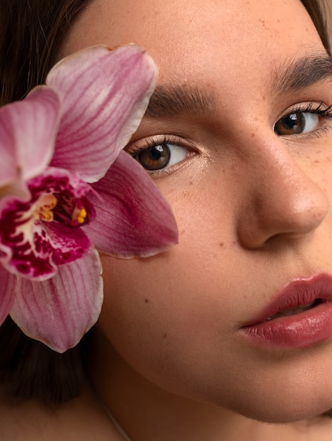 Photo gratuite vue de face jeune femme posant avec une fleur