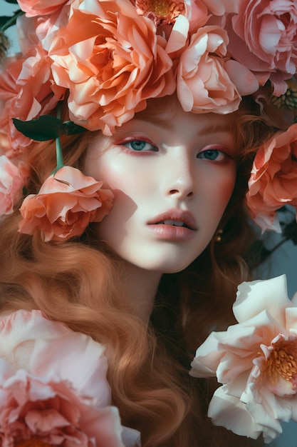 Vue de face jeune femme posant avec des roses