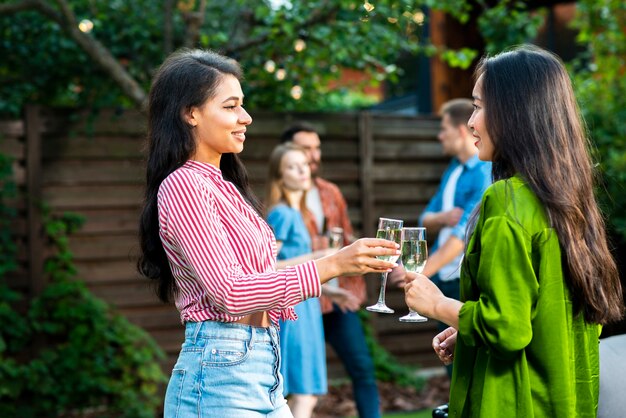 Vue de face, jeunes filles, grillage, boissons