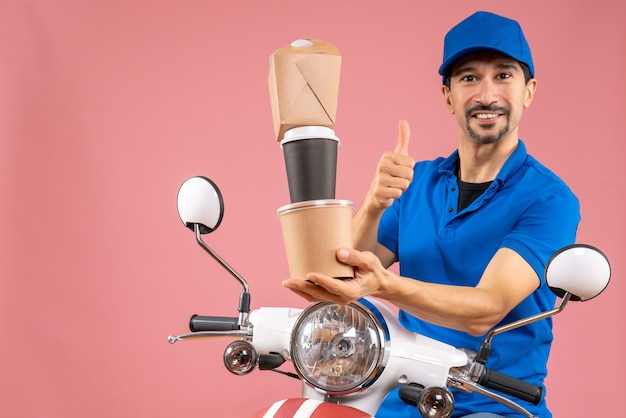 Vue De Face D'un Livreur Souriant Portant Un Chapeau Assis Sur Un Scooter Montrant Des Commandes Faisant Un Geste Correct