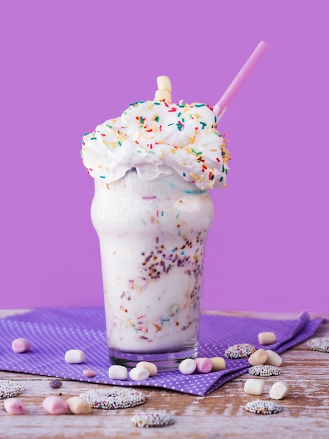 Vue de face de milkshake à la crème fouettée sur fond violet