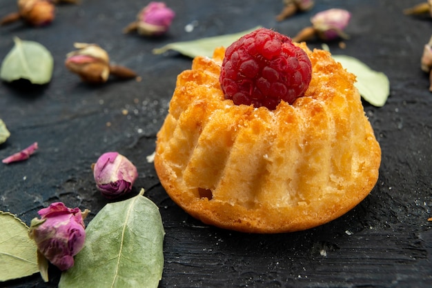 Photo gratuite vue de face petit gâteau d à la framboise sur le dessus isolé avec de petites fleurs sur la surface sombre sucre sucré