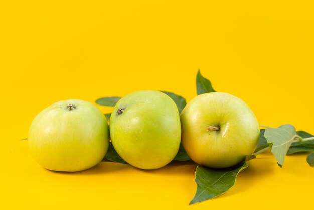 Une vue de face des pommes vertes fraîches moelleuses et juteuses sur jaune, fruits couleur d'été
