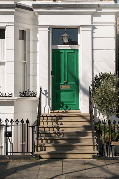 Photo gratuite vue de face de la porte d'entrée avec mur blanc et plantes