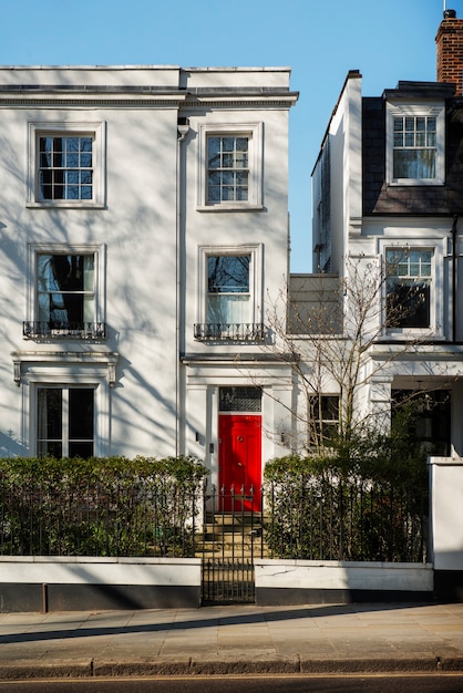 Photo gratuite vue de face de la porte d'entrée avec mur blanc et plantes