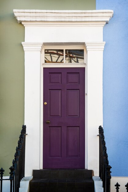 Vue de face de la porte d'entrée avec mur bleu et kaki