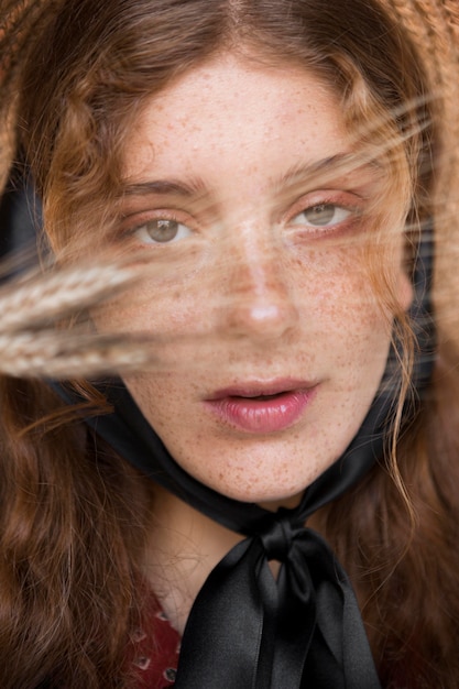 Vue de face portrait de femme avec chapeau de paille