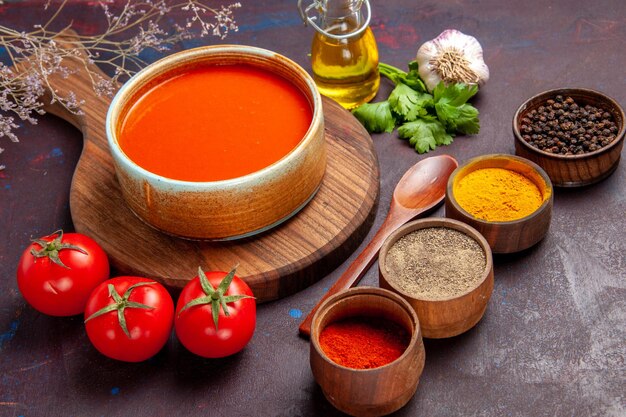 Vue de face savoureuse soupe aux tomates avec tomates fraîches et assaisonnements sur un espace sombre