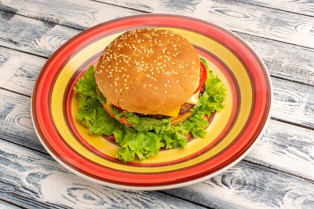 Vue de face savoureux sandwich au poulet avec salade verte et légumes à l'intérieur de la plaque sur un bureau gris rustique en bois.