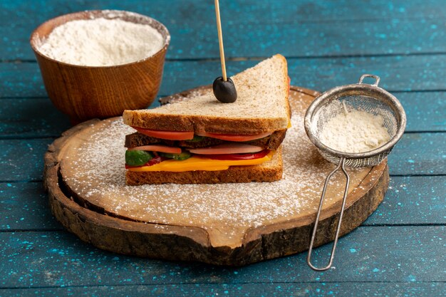 Vue de face savoureux sandwich toast avec du jambon au fromage à l'intérieur avec de la farine sur bleu
