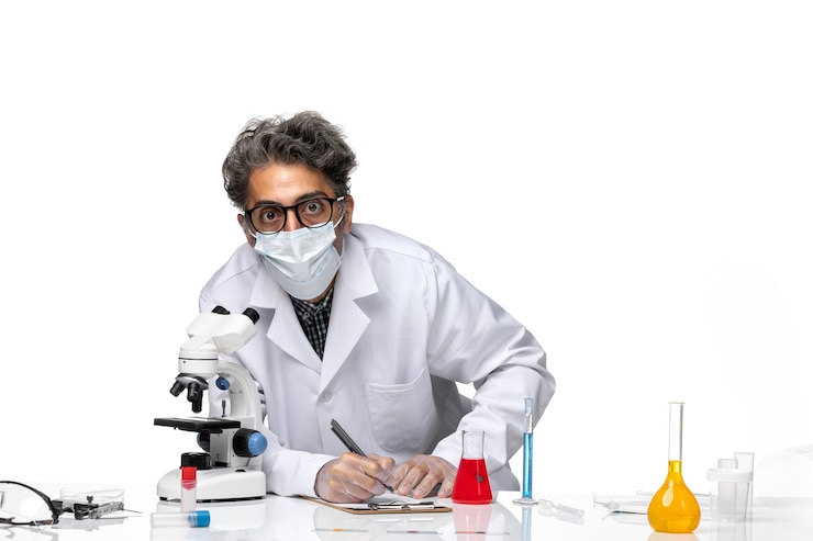 Photo gratuit vue de face scientifique d'âge moyen en costume blanc spécial à l'aide d'un microscope