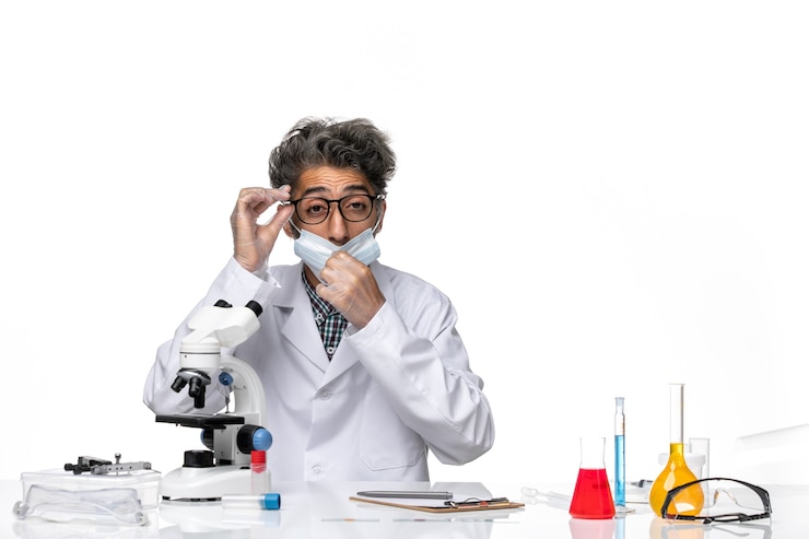 Photo gratuit vue de face scientifique d'âge moyen en costume spécial assis autour d'une table avec microscope et solutions