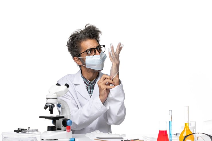 Photo gratuit vue de face scientifique d'âge moyen en costume spécial avec masque portant des gants