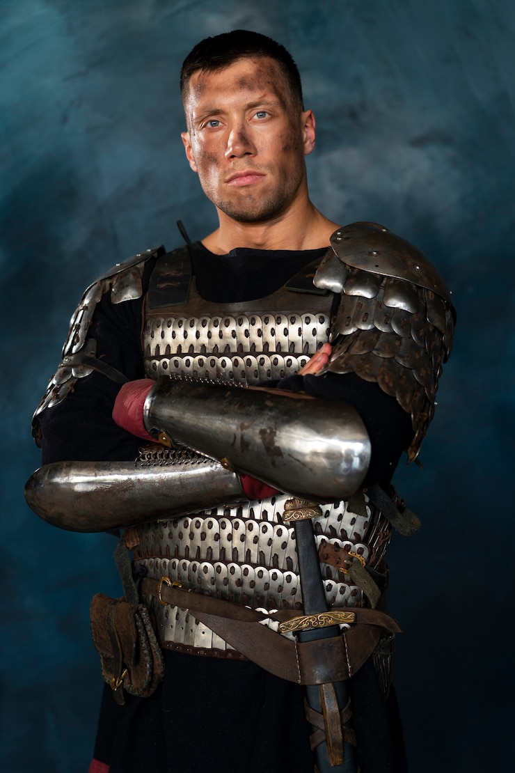 Photo gratuit vue de face soldat médiéval posant en studio