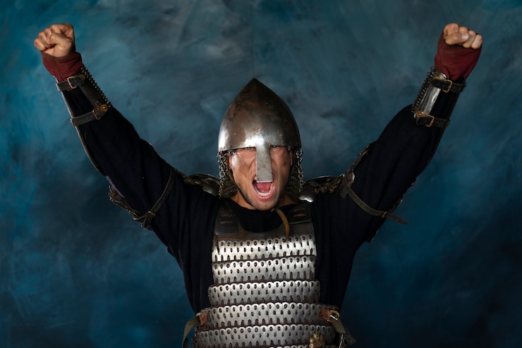 Photo gratuit vue de face soldat médiéval posant en studio