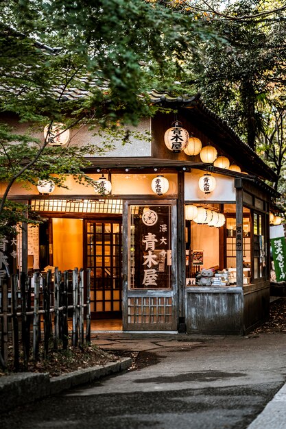 Vue de face de la structure japonaise avec des lanternes et de la nature