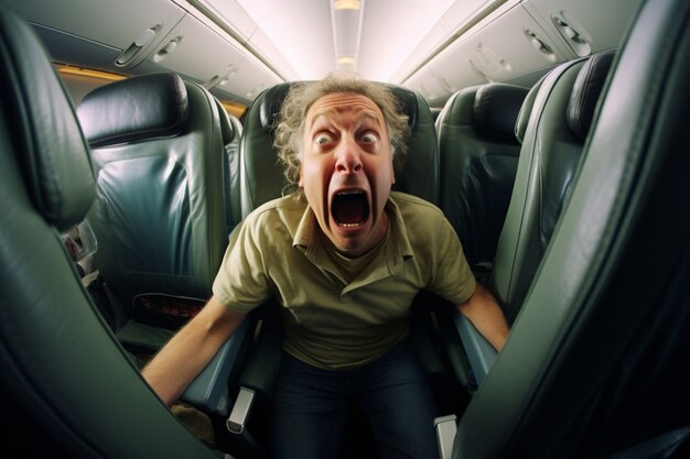 Vue de face, vieil homme souffrant d'anxiété dans l'avion
