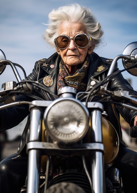 Vue de face vieille femme équitation moto