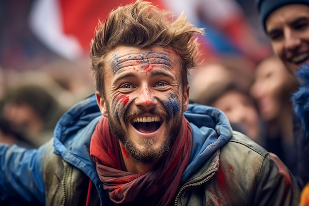 Photo gratuite vue d'un fan de football extatique avec un visage peint appréciant un match
