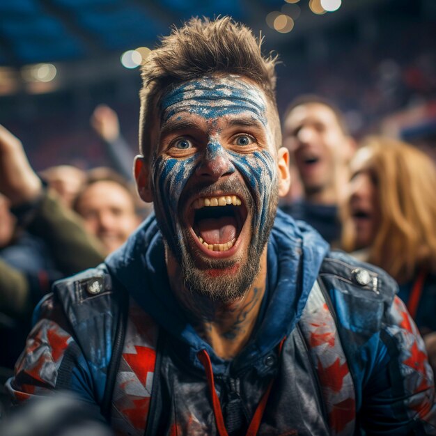 Vue d'un fan de football extatique avec un visage peint