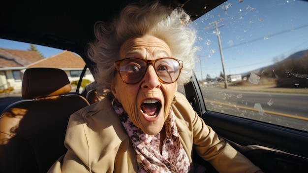 Vue d'une femme âgée drôle dans une voiture