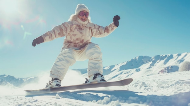 Photo gratuite vue d'une femme faisant du snowboard avec des nuances pastel et un paysage de rêve