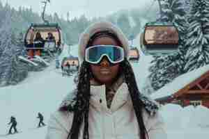 Photo gratuite vue d'une femme faisant du snowboard avec des nuances pastel et un paysage de rêve