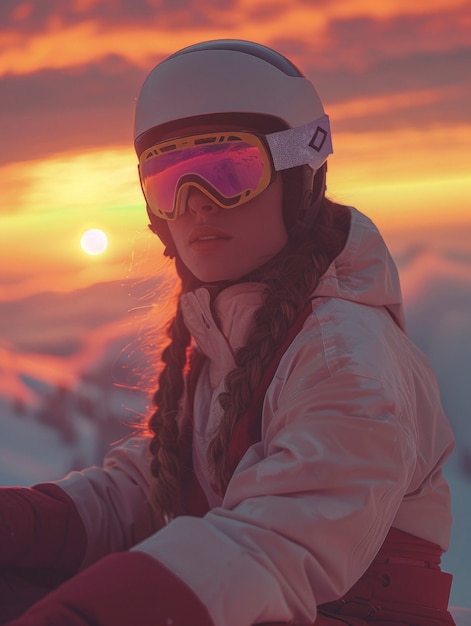 Photo gratuite vue d'une femme faisant du snowboard avec des nuances pastel et un paysage de rêve