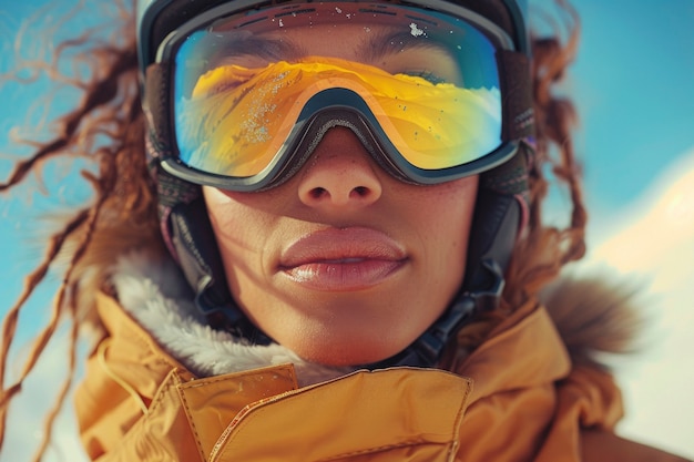 Vue d'une femme faisant du snowboard avec des nuances pastel et un paysage de rêve