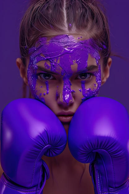 Vue d'une femme avec des gants de boxe violets pour la célébration de la fête de la femme