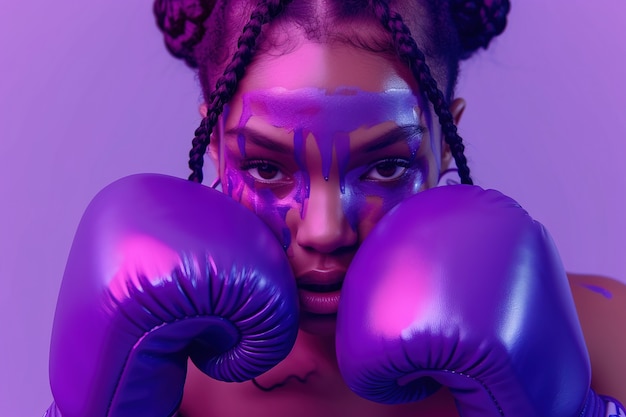 Photo gratuite vue d'une femme avec des gants de boxe violets pour la célébration de la fête de la femme