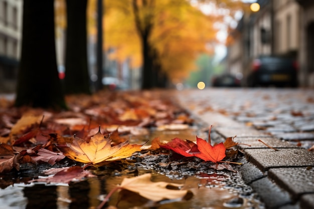 Photo gratuite vue des feuilles d'automne sèches tombées sur le trottoir de la rue