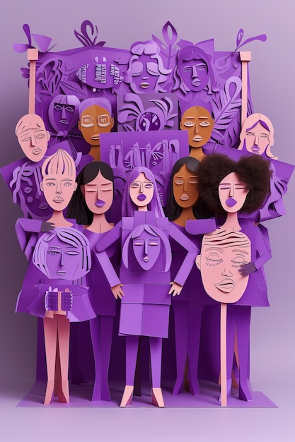 Vue des figurines de femmes violettes pour la célébration de la fête de la femme