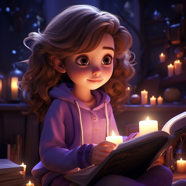 Vue de la fille 3d avec le livre ouvert