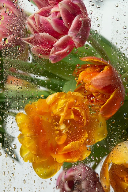 Vue des fleurs de tulipe derrière le verre condensé