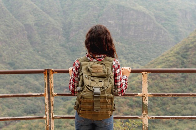 Vue frontale, femme, pont, regarder, nature