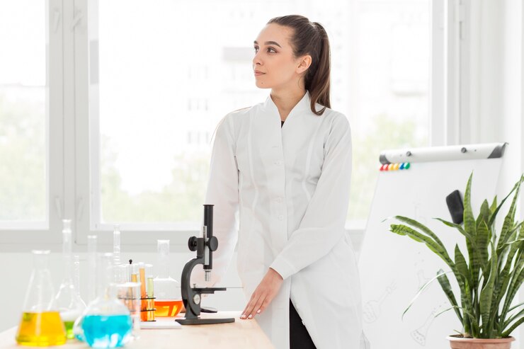 Photo gratuit vue frontale, de, femme scientifique, poser, côté, microscope