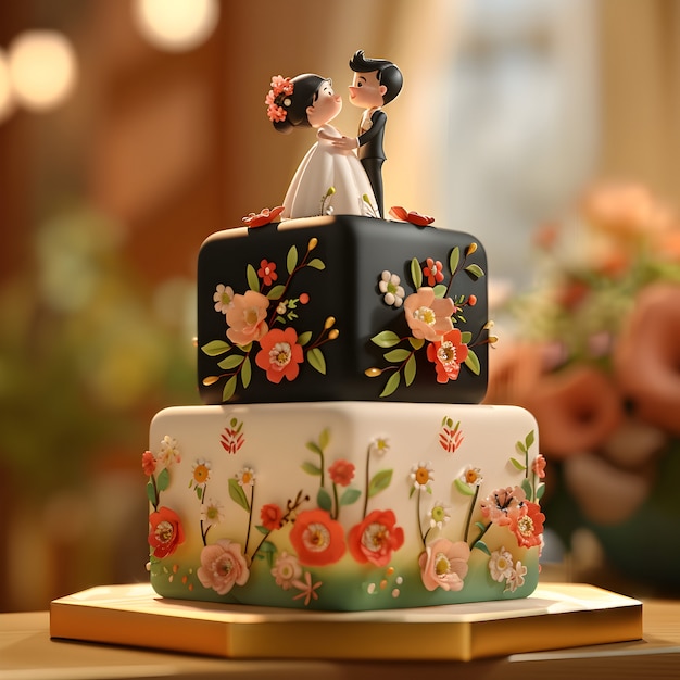 Photo gratuite vue d'un gâteau de mariage 3d avec des décorations et des ornements