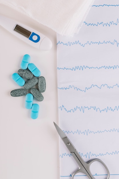 Vue grand angle du cardiogramme; thermomètre; les ciseaux; bandage et pilules sur une surface blanche