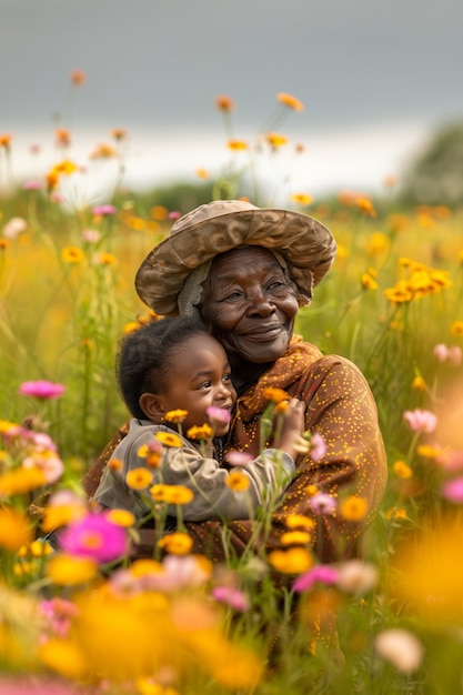 Photo gratuite vue d'une grand-mère et d'un petit-fils montrant de l'affection et des liens humains