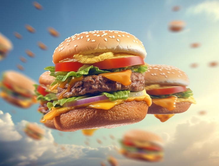 Photo gratuit vue d'un hamburger flottant en 3d avec ciel