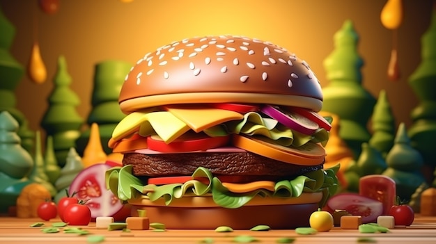 Photo gratuite vue de hamburgers 3d avec paysage naturel