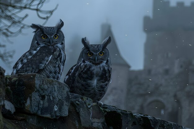 Vue d'un hibou dans un environnement froid avec une esthétique de rêve