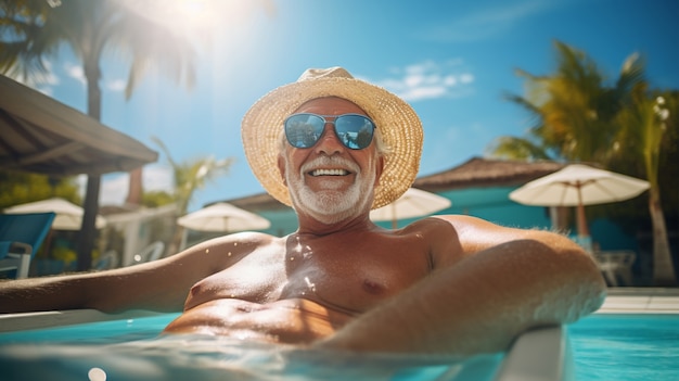 Photo gratuite vue d'un homme âgé profitant de l'été à la piscine