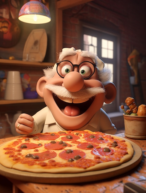 Vue de l'homme de dessin animé avec une délicieuse pizza 3D