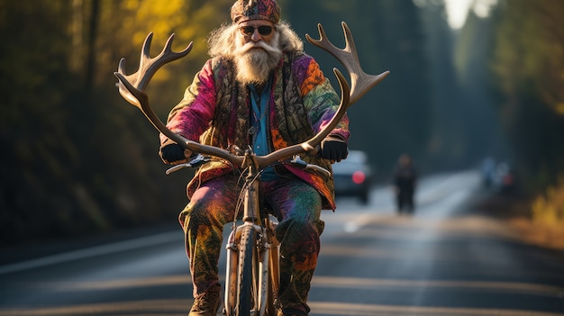 Vue d'un homme drôle à vélo avec des poignées de cornes