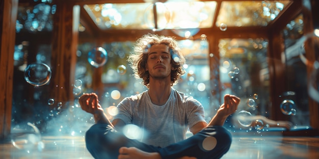 Photo gratuite vue de l'homme pratiquant la pleine conscience et le yoga dans un cadre fantastique