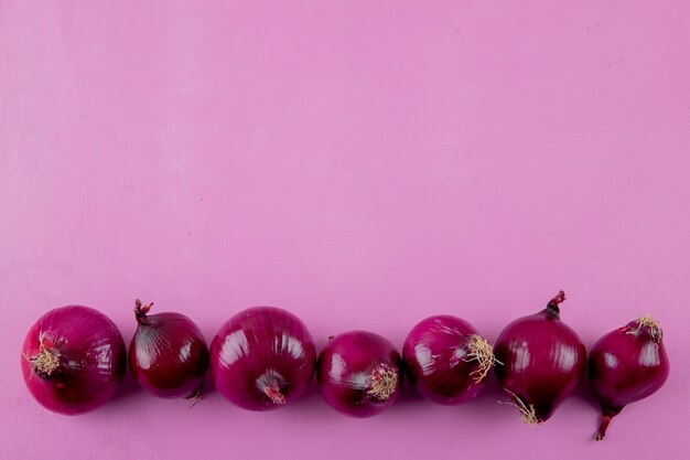 Vue horizontale des oignons rouges sur fond violet avec espace copie