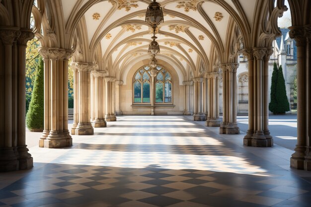 Vue de l'intérieur du château avec des arches structurelles